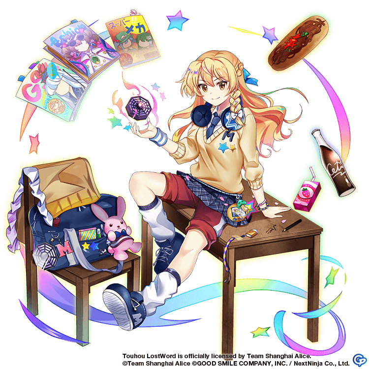 1girl, alternate_costume, bag, black_footwear, black_necktie, black_skirt, book, bow, bracelet, braid, chair, closed_mouth, collared_shirt, commentary, copyright_name, english_commentary, eraser, food, fruit_juice, full_body, game_cg, glass_bottle, hair_bow, headphones, jewelry, kamishirasawa_keine, kawashiro_nitori, kirisame_marisa, kirisame_marisa_(dauntless_problem_child), kochiya_sanae, long_hair, long_sleeves, looking_at_viewer, mini-hakkero, miniskirt, mushroom, mystia_lorelei, necktie, pen, plaid, plaid_skirt, red_shorts, rotte_(1109), school_uniform, shirt, shorts, side_braid, simple_background, single_braid, sitting, skirt, smile, soda, solo, star_(symbol), stuffed_animal, stuffed_rabbit, stuffed_toy, sweater, table, third-party_source, touhou, touhou_lost_word, white_background, white_bow, white_shirt, wristband, yellow_eyes, yellow_sweater, yorigami_jo'on