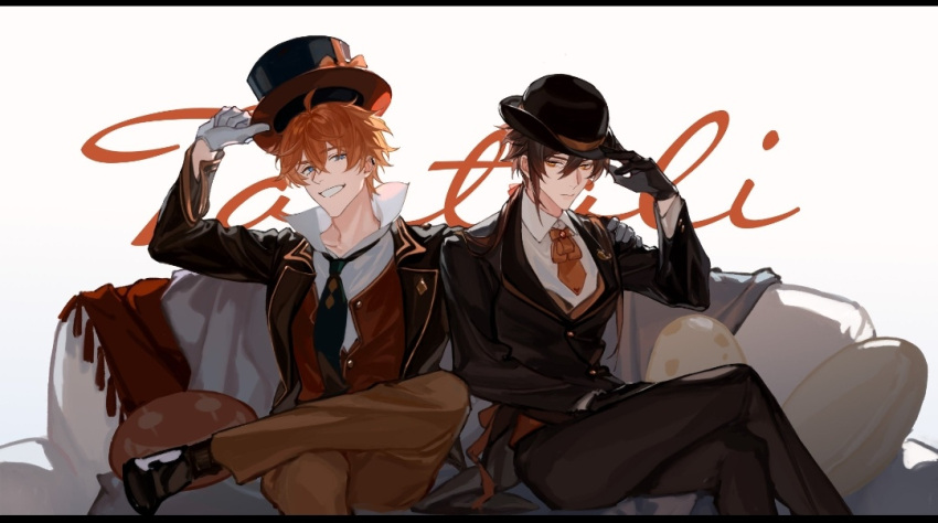 2boys, alternate_costume, bowler_hat, couch, donaldakron, formal, genshin_impact, hand_on_hat