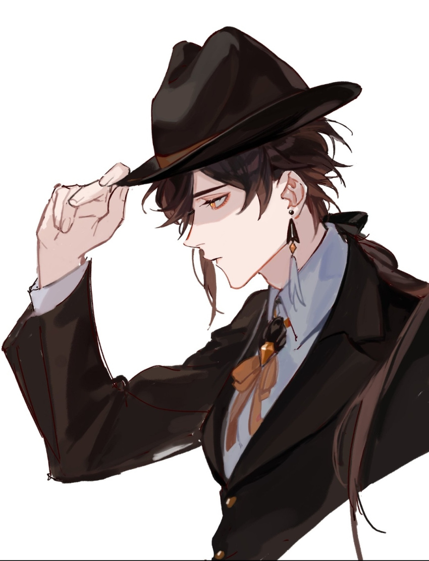 1boy, alternate_costume, donaldakron, fedora_hat, genshin_impact, holding_hat, male, necktie