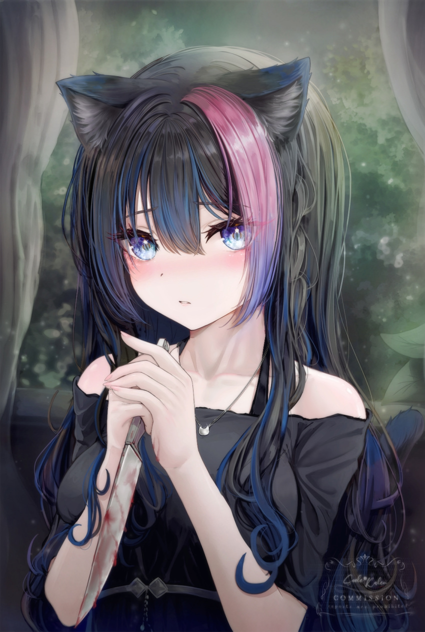 1girl, animal_ears, bare_shoulders, black_dress, black_hair, blood, blood_on_knife, blue_eyes