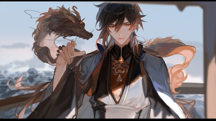 1boy, alternate_costume, amber_eyes, chinese_clothes, donaldakron, eastern_dragon, eyeliner, genshin_impact