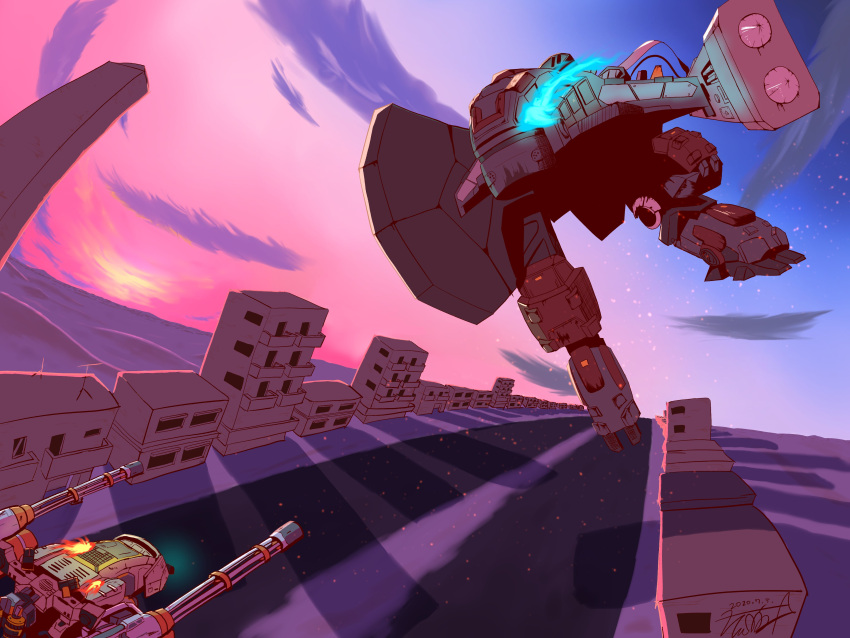 absurdres, battle_of_titans, city, duel, dusk, fisheye, flaming_eye, gatling_gun