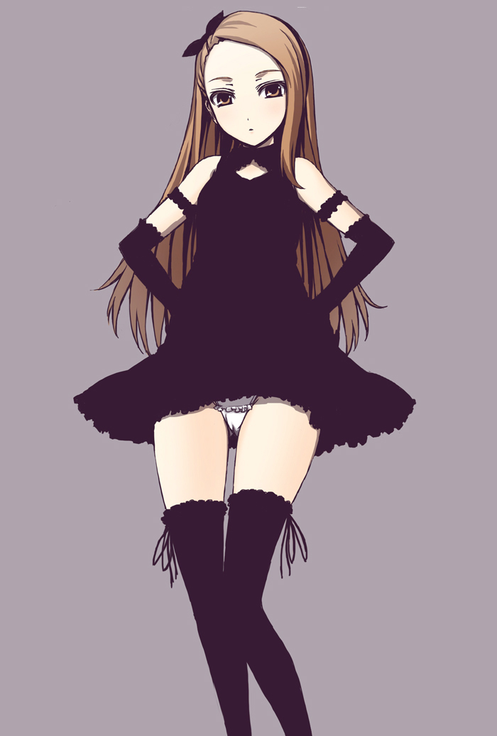 black_legwear, black_thighhighs, bow, brown_eyes, brown_hair, dress, elbow_gloves, gloves