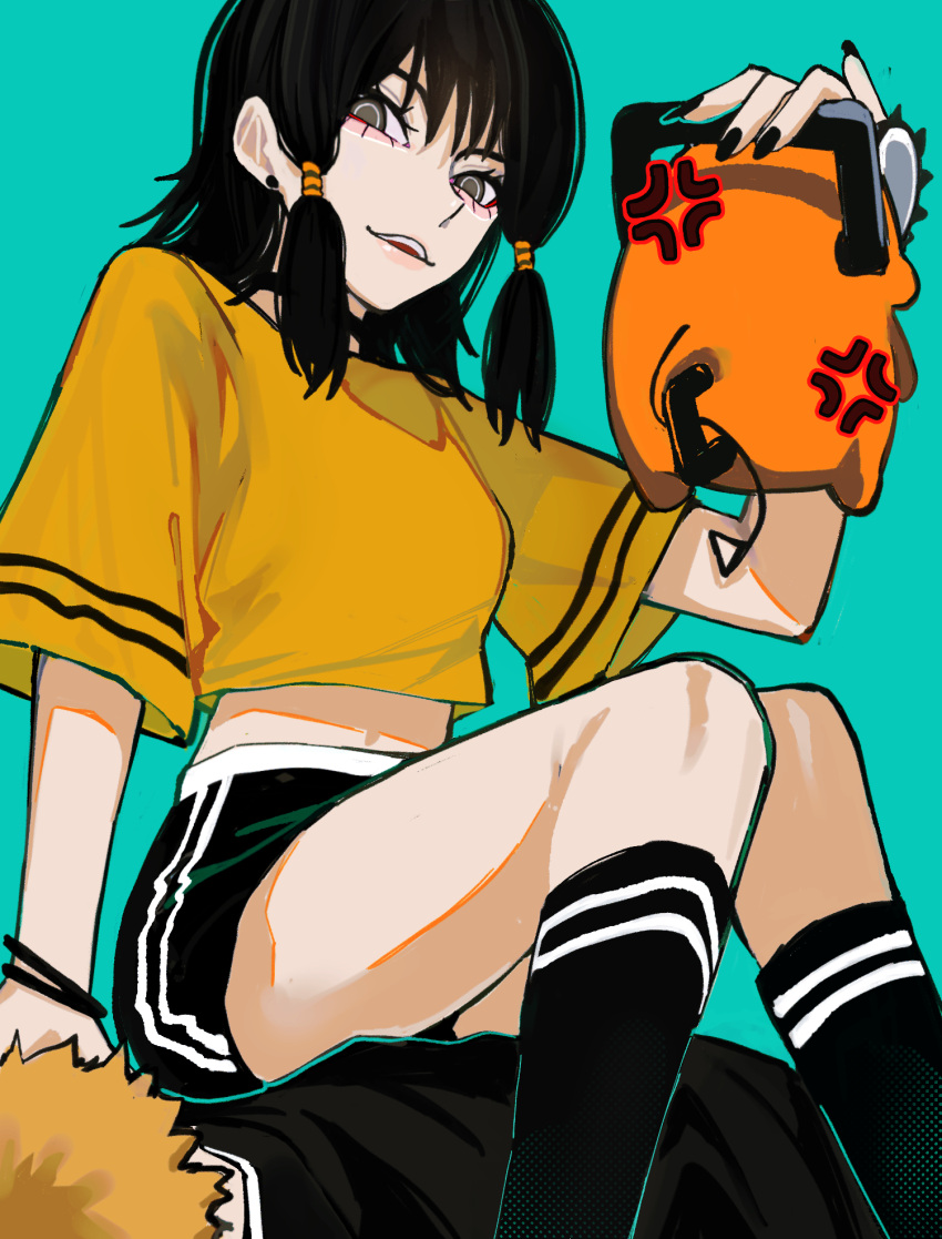 1girl, aqua_background, black_hair, black_nails, bracelet, chainsaw, chainsaw_man, denji_(chainsaw_man)