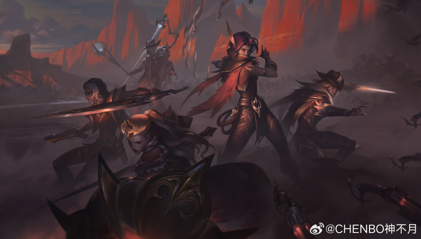 2boys, 3girls, amputee, armor, artist_name, black_gloves, bow_(weapon), chenweibo