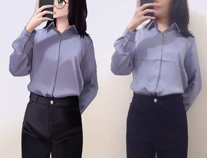 1girl, animification, art_vs_artist, artist_self-insert, black_hair, black_pants, blue_shirt, cellphone, censored, collared_shirt, commentary, dress_shirt, glasses, gradient_background, highres, holding, holding_phone, identity_censor, long_hair, long_sleeves, medium_hair, mole, mole_under_eye, niio_(niiochi), niio_(niiochi)_(person), original, pants, phone, real_life, selfie, shadow, shirt, simple_background, smartphone, symbol-only_commentary