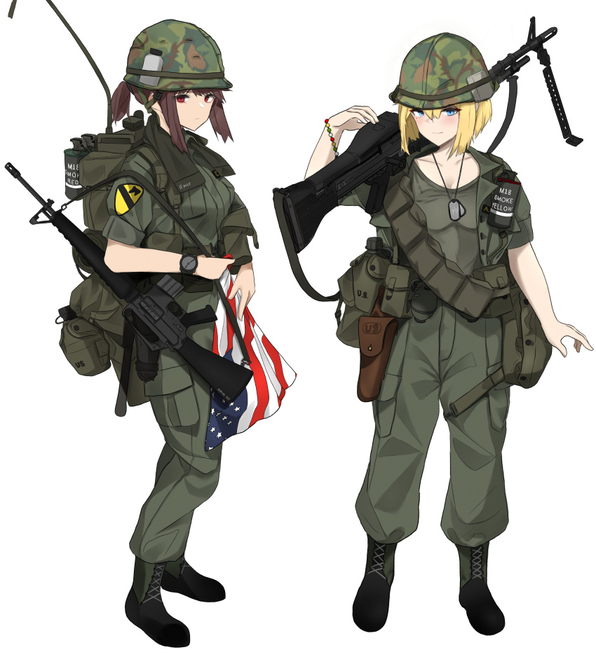 2girls, absurdres, american_flag, assault_rifle, backpack, bag, blonde_hair, blue_eyes