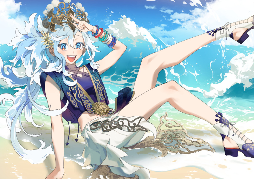 1girl, beach, blue_eyes, blue_hair, blue_sky, blush, bracelet, cropped_shirt