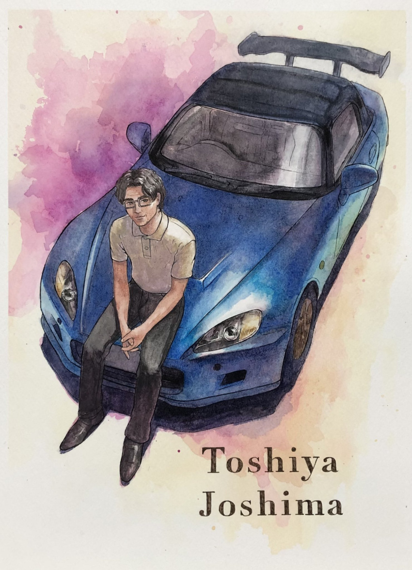 1boy, black_eyes, black_footwear, black_hair, black_pants, character_name, collared_shirt, glasses, grey_shirt, hair_behind_ear, highres, honda, honda_s2000, initial_d, itsuki_gen, joushima_toshiya, looking_at_viewer, male_focus, pants, shadow, shirt, shoes, short_hair, smile, solo, spoiler_(automobile), vehicle_focus
