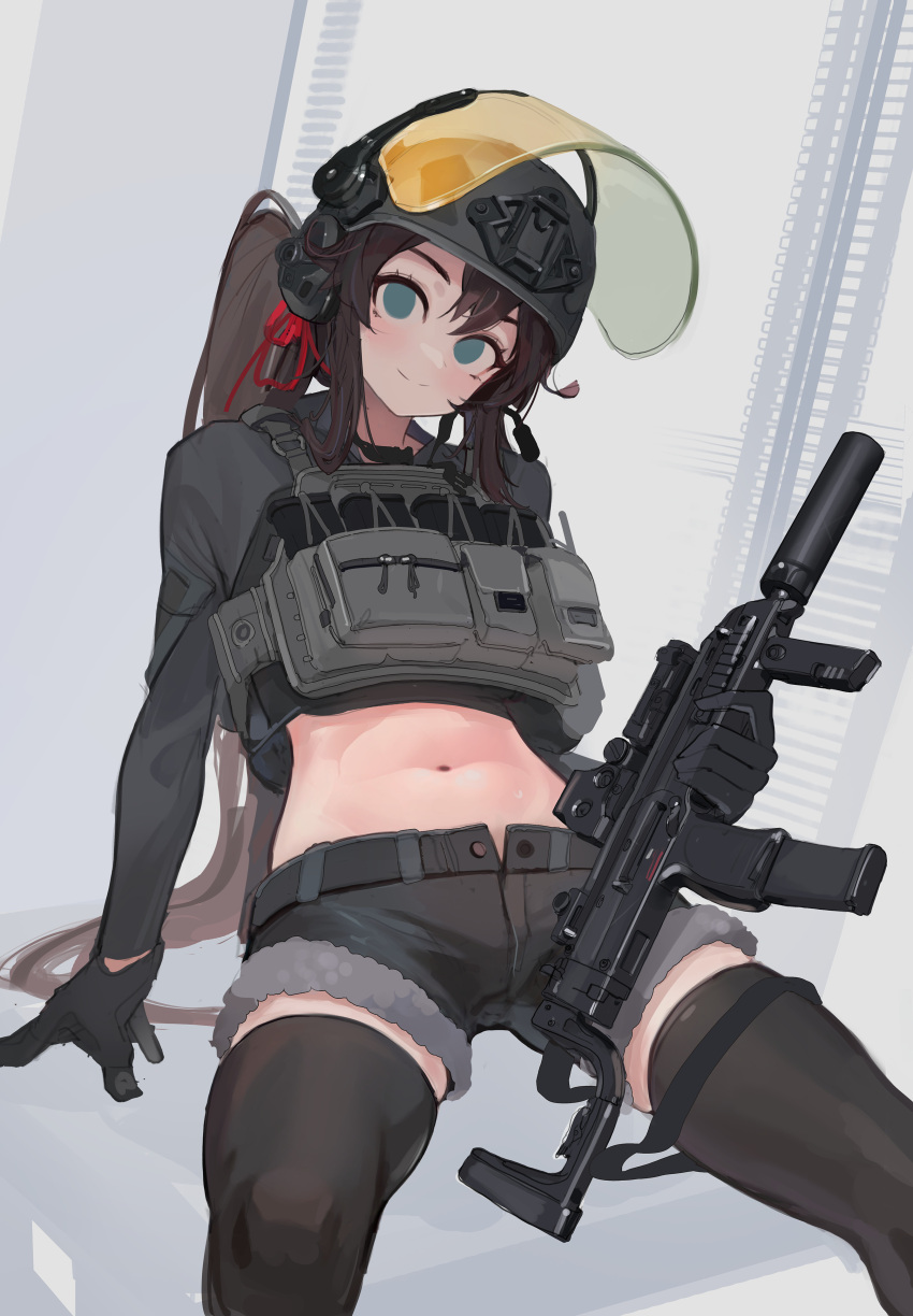 1girl, absurdres, armor, black_thighhighs, blue_eyes, brown_hair, bulletproof_vest, ear_piercing
