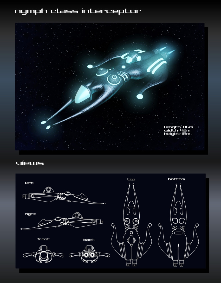 3d, commentary, concept_art, english_text, eve_online, flying, frigate_(eve_online), glowing, highres, interceptor_(eve_online), military_vehicle, multiple_views, no_humans, original, outdoors, reference_sheet, science_fiction, sky, space, spacecraft, star_(sky), starry_sky, tech_2_ship_(eve_online), thrusters, toneloperu, vehicle_focus