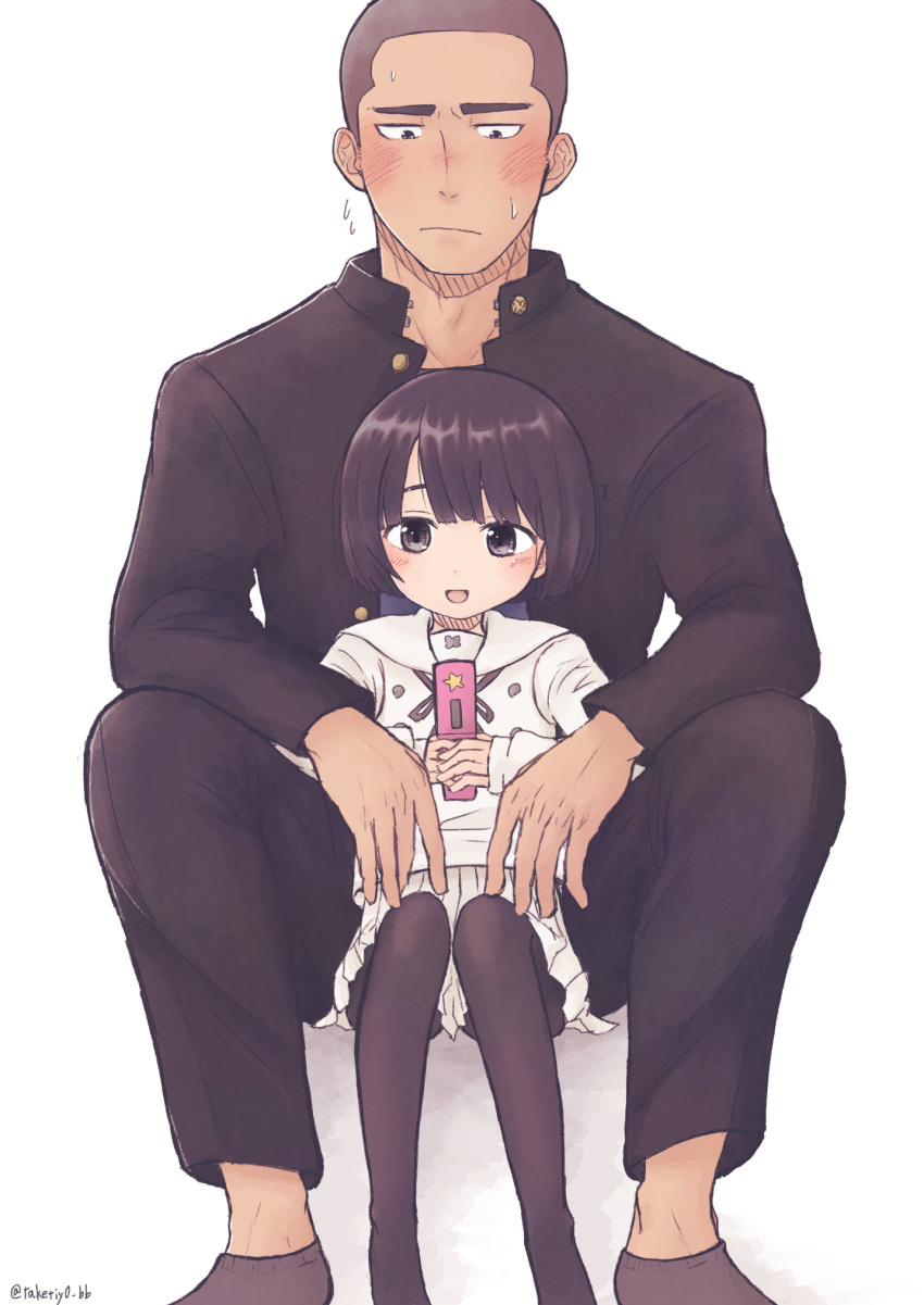 1boy, 1girl, :d, artist_name, black_pants, blush, bob_cut, brown_eyes, brown_hair, brown_pantyhose, brown_socks, buzz_cut, cellphone, flip_phone, gakuran, highres, holding, holding_phone, invisible_chair, kokoro_ga_sakebitagatterunda., long_sleeves, looking_at_another, looking_at_viewer, naruse_jun, pants, pantyhose, phone, school_uniform, short_hair, sitting, skirt, smile, socks, sweat, taketiyo200, tasaki_daiki, thick_eyebrows, very_short_hair, white_skirt