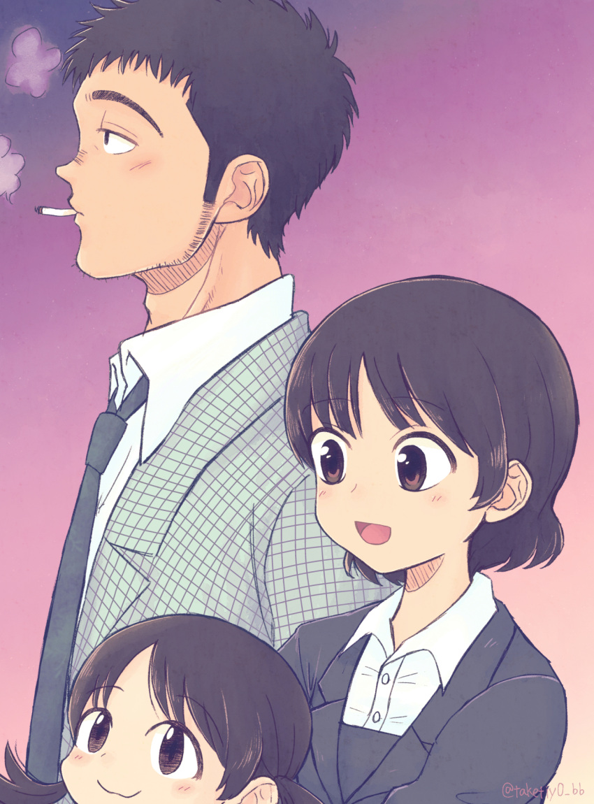 1boy, 2girls, :d, artist_name, black_shirt, blush, brown_eyes, brown_hair