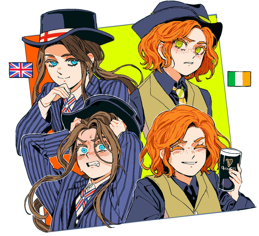 2girls, blue_eyes, blue_headwear, blue_jacket, blue_shirt, brown_hair, despair, english_flag