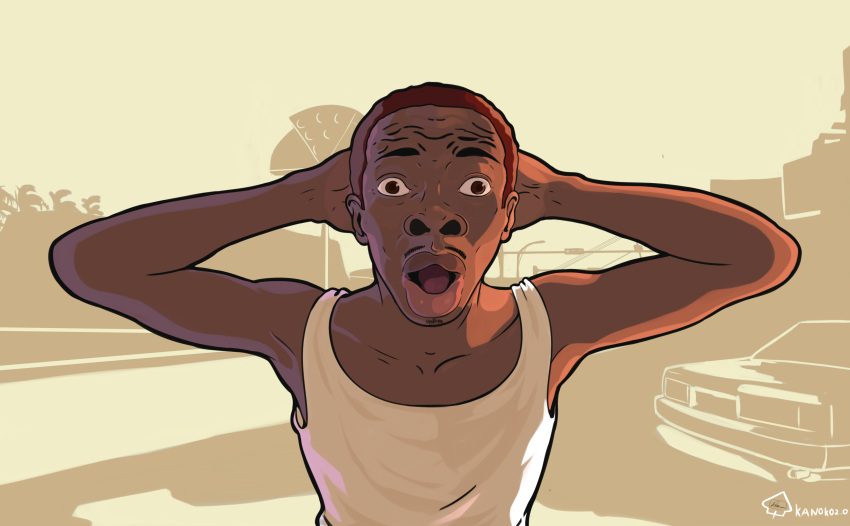 1boy, absurdres, arms_behind_head, arms_up, brown_hair, carl_johnson, dark_skin, facial_hair