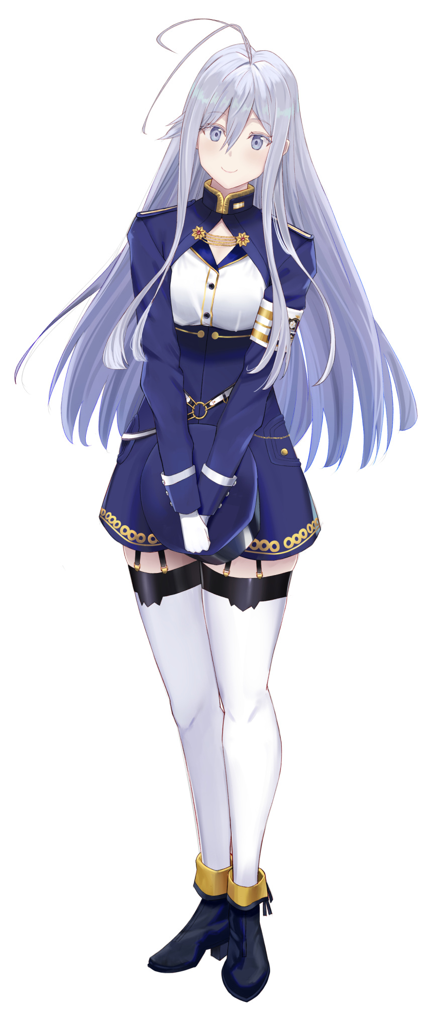 86_-eightysix-, absurdres, antenna_hair, belt, black_footwear, blue_jacket, blue_skirt, closed_mouth