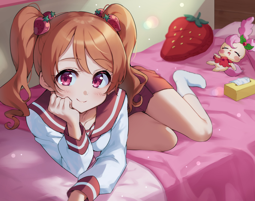 1girl, absurdres, bedroom, blush, brown_hair, closed_mouth, collarbone, food-themed_hair_ornament