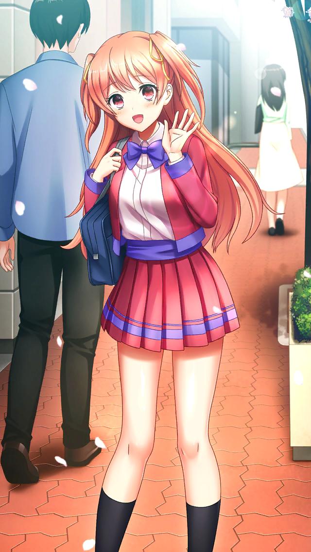 1girl, :d, bag, bare_legs, blush, bow, bowtie, cherry_blossoms