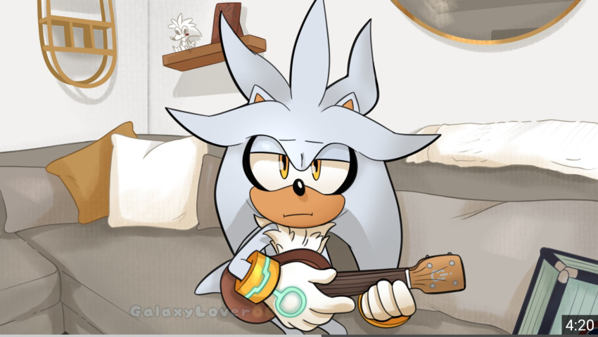 1boy, animal_ears, animal_nose, closed_mouth, commentary, couch, english_commentary, furry, furry_male, galaxylover06, gloves, half-closed_eyes, highres, holding, holding_instrument, indoors, instrument, looking_at_viewer, male_focus, meme, miranda_sings, silver_the_hedgehog, sitting, solo, sonic_(series), ukulele, ukulele_apology_video_(meme), white_gloves, yellow_eyes, youtube