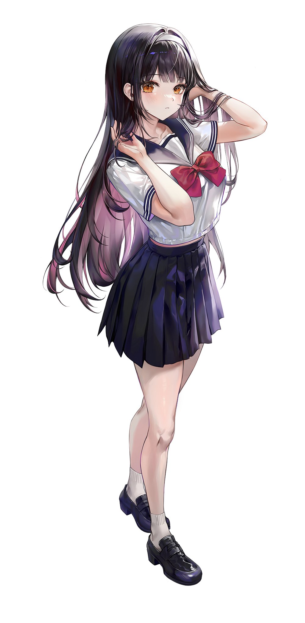 1girl, black_hair, blue_skirt, bow, bowtie, commentary_request, expressionless, hairband, highres, long_hair, looking_at_viewer, myoushun, orange_eyes, original, red_bow, red_bowtie, school_uniform, shirt, short_sleeves, skirt, solo, white_background, white_hairband, white_shirt