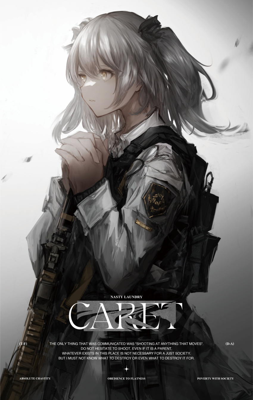 1girl, absurdres, assault_rifle, black_ribbon, collared_shirt, cowboy_shot, english_text, from_side
