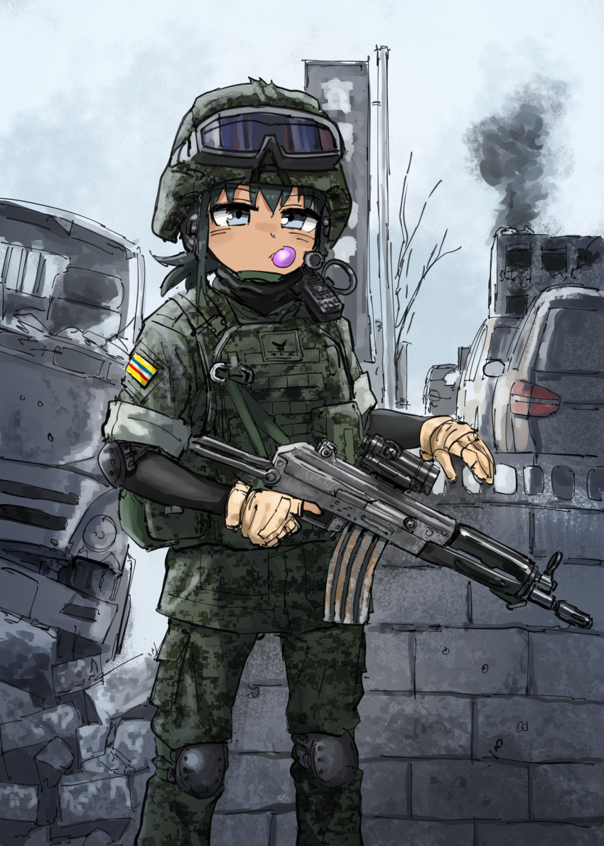 1girl, absurdres, arm_support, assault_riofle, body_armor, brickwall, bulletproof_vest, chewing_gum, flag, goggles, green_hair, gun, helmet, highres, holding, holding_gun, holding_weapon, motor_vehicle, original, scope, tactical_clothes, van, weapon, yihan_world
