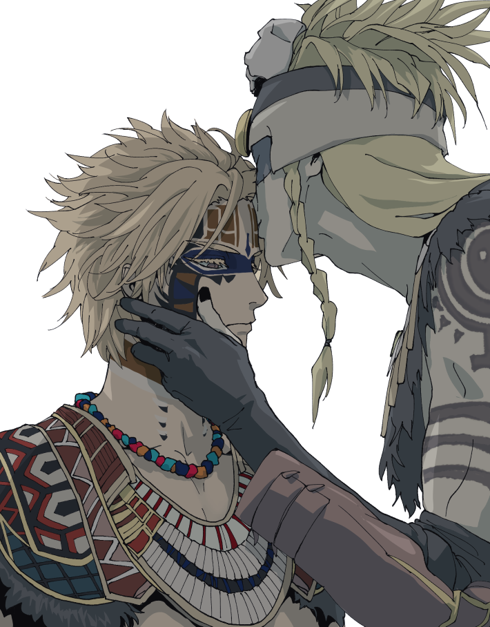 2boys, arm_tattoo, black_nails, blonde_hair, braid, brown_eyes, daybit_sem_void, facepaint