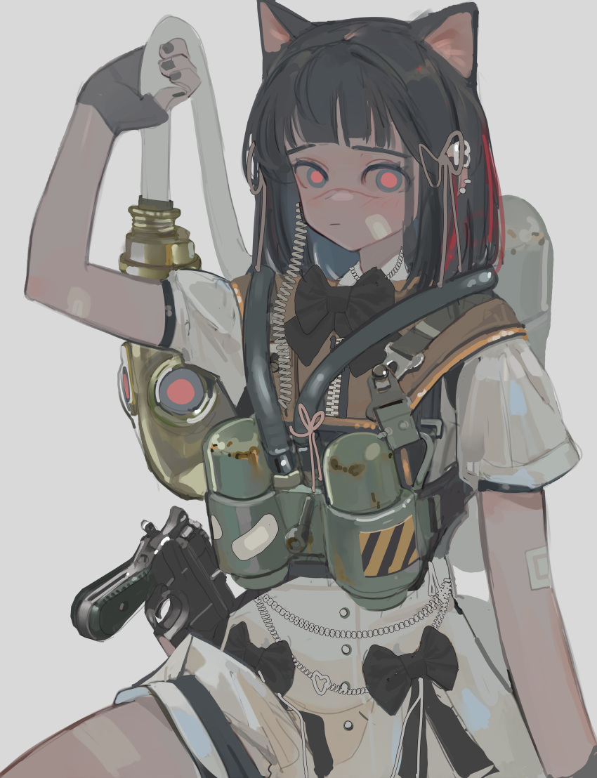 :|, absurdres, animal_ears, bandages, black_hair, black_ribbon, blush, canned_air