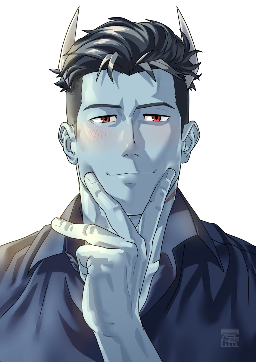 1boy, artist_name, black_hair, black_shirt, blue_skin, blush, closed_mouth, collared_shirt