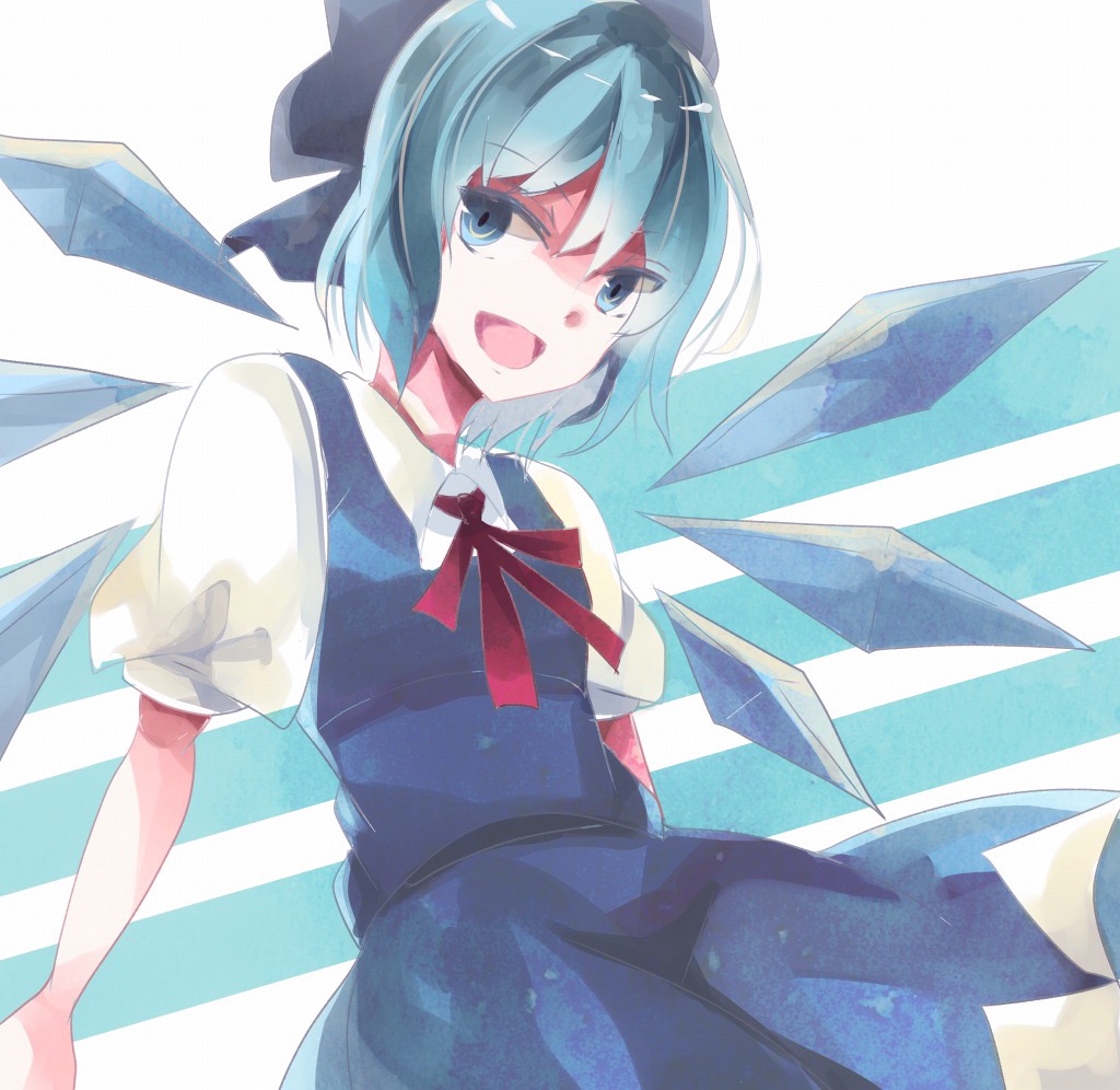 1girl, adapted_costume, aridamikannn, blue_bow, blue_eyes, blue_hair, blue_skirt, blue_vest