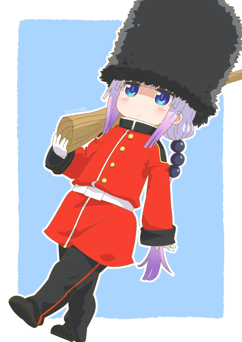 1girl, beads, bearskin_cap, black_footwear, black_headwear, black_pants, blue_eyes, buckingham_palace