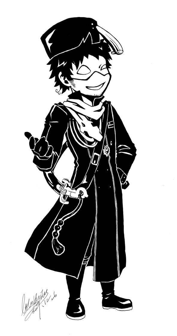ahoge, axis_powers_hetalia, belt, boots, facial_hair, fez_hat, gloves, grin, hat, long_coat, lotusmartus, male, mask, monochrome, scarf, scimitar, signature, simple_background, smile, solo, standing, stubble, sword, tassel, turkey_(hetalia), weapon, wink