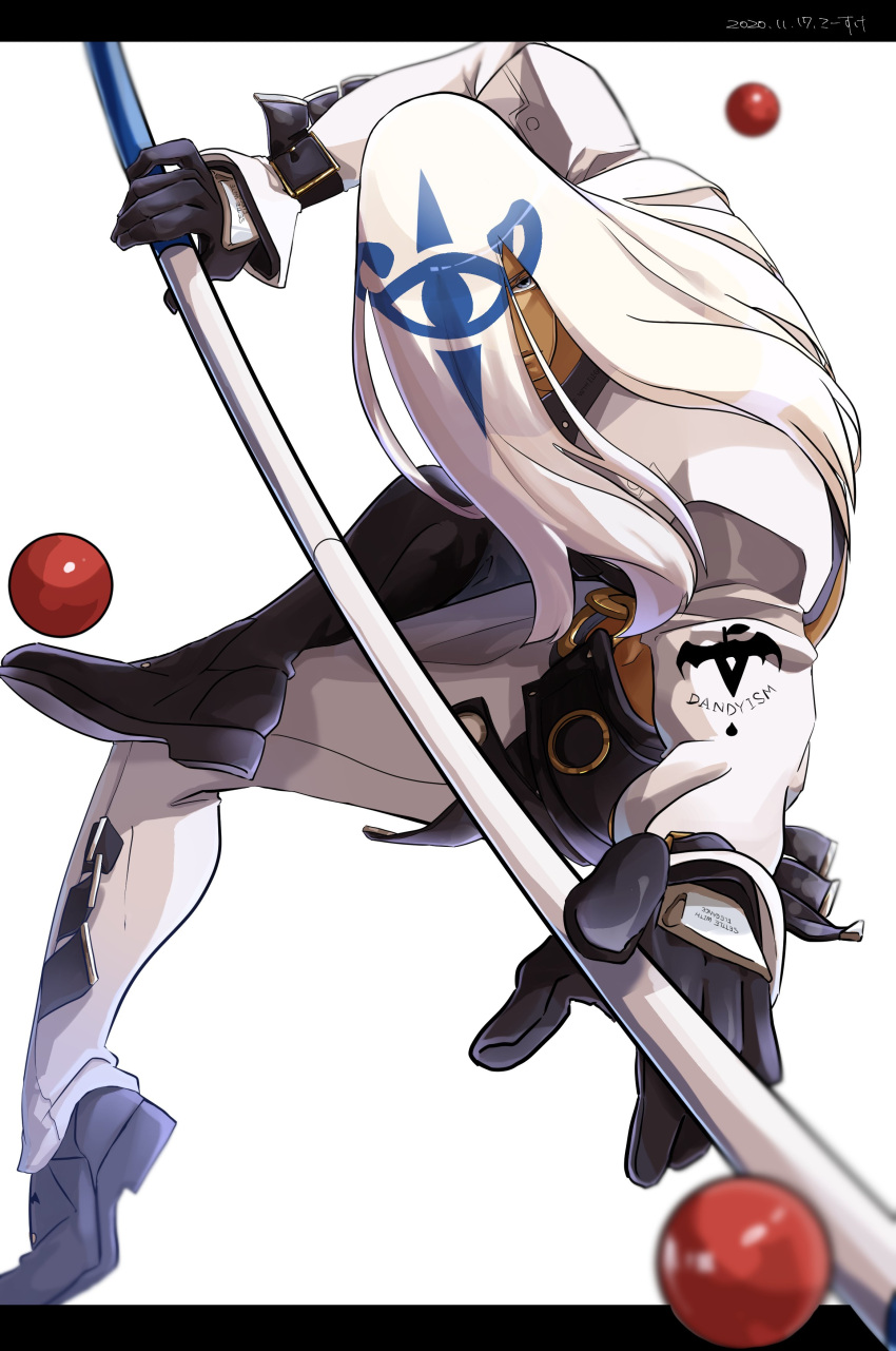 1boy, absurdres, ball, billiard_ball, black_gloves, blue_eyes, cue_stick, dark-skinned_male, dark_skin, gloves, guilty_gear, guilty_gear_xrd, guilty_gear_xx, hair_over_one_eye, highres, holding_cue_stick, kousuke_(kari), long_hair, long_sleeves, looking_at_viewer, male_focus, simple_background, sitting, venom_(guilty_gear), white_background, white_hair