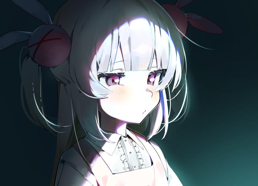 1girl, apron, blunt_bangs, blush, center_frills, closed_mouth, dark, dark_background, eye_reflection, frills, grey_eyes, grey_hair, hair_ornament, half-closed_eyes, highres, light, long_hair, looking_ahead, nano_(nan0ng), natori_sana, o3o, pink_apron, portrait, rabbit_hair_ornament, raised_eyebrows, reflection, sana_channel, sidelocks, solo, two_side_up, virtual_youtuber