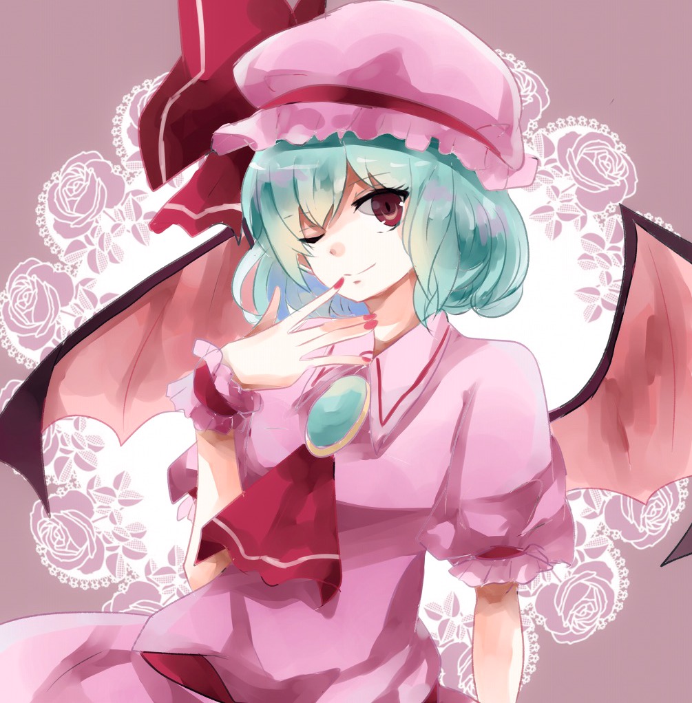 1girl, aqua_brooch, aqua_hair, aridamikannn, ascot, bat_wings, breasts, brooch