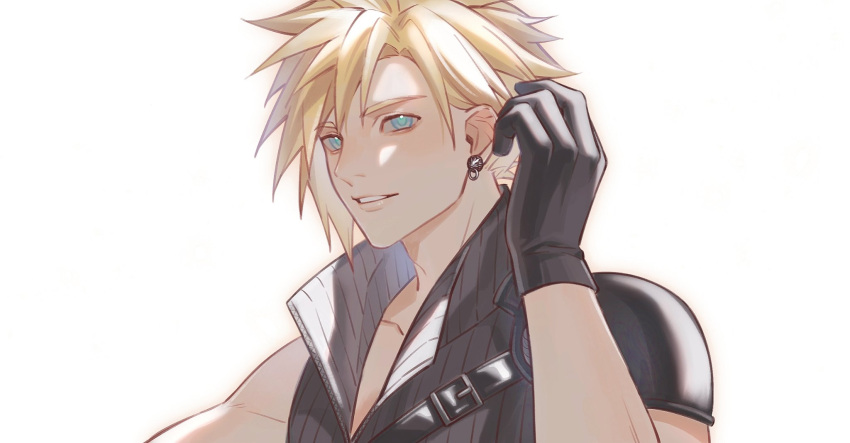 1boy, belt_buckle, black_gloves, blonde_hair, blue_eyes, buckle, cloud_strife, collarbone