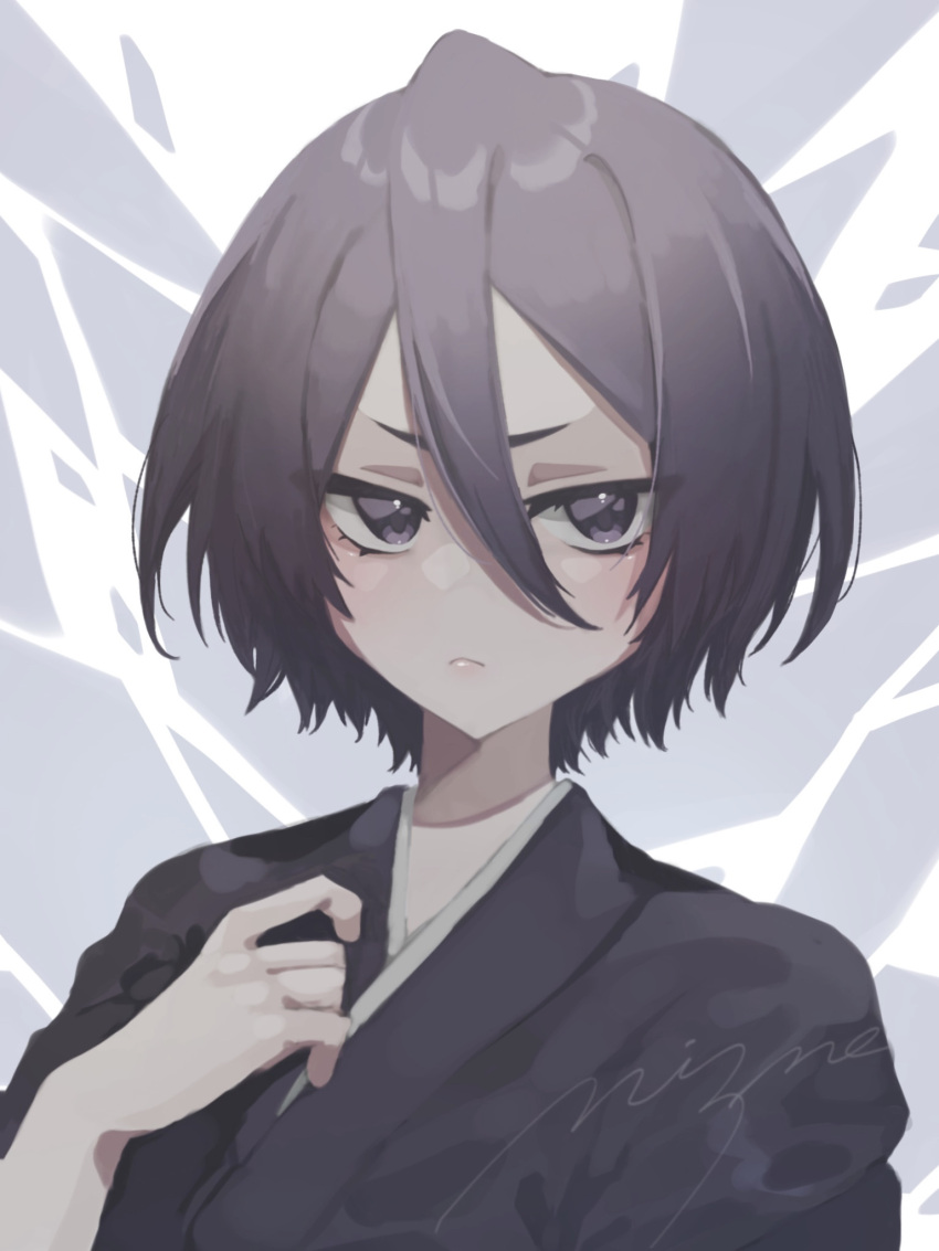 1girl, black_eyes, black_hair, black_kimono, bleach, closed_mouth, eyelashes, hair_between_eyes, hhjr_3me, highres, japanese_clothes, kimono, kuchiki_rukia, light_frown, long_bangs, looking_at_viewer, short_hair, signature, simple_background, solo, upper_body