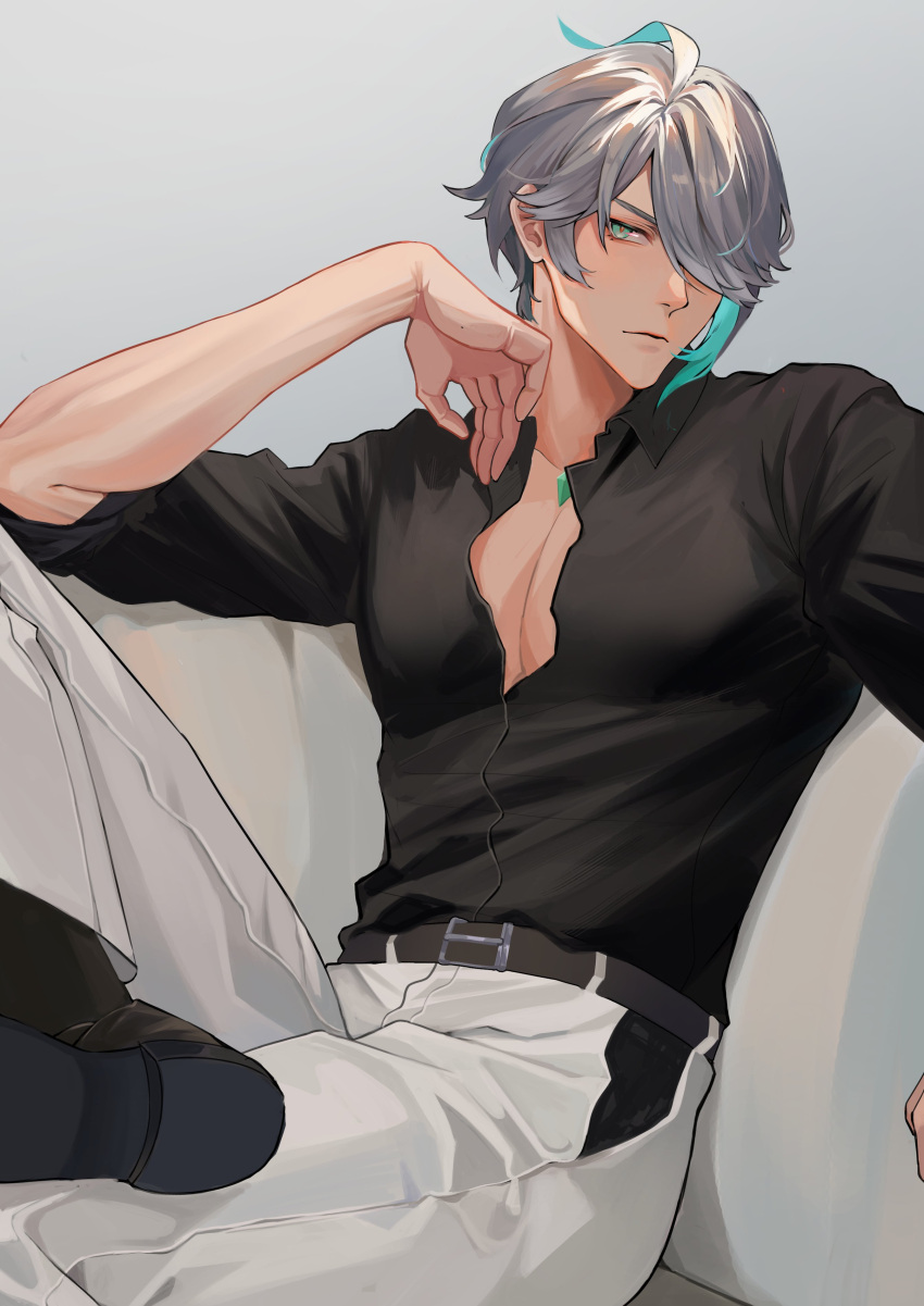 1boy, absurdres, ahoge, alhaitham_(genshin_impact), belt, belt_buckle, black_footwear, black_shirt