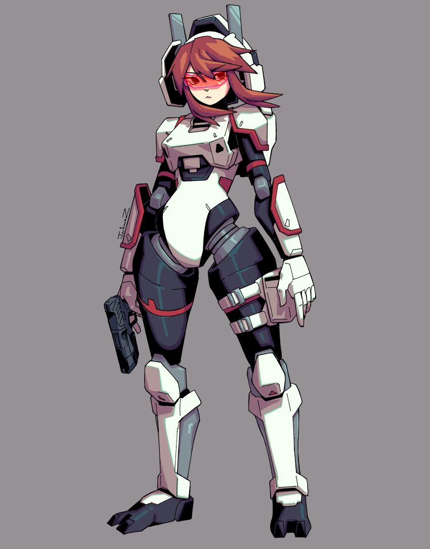 1girl, absurdres, brown_hair, commission, full_body, goggles, grey_background, gun