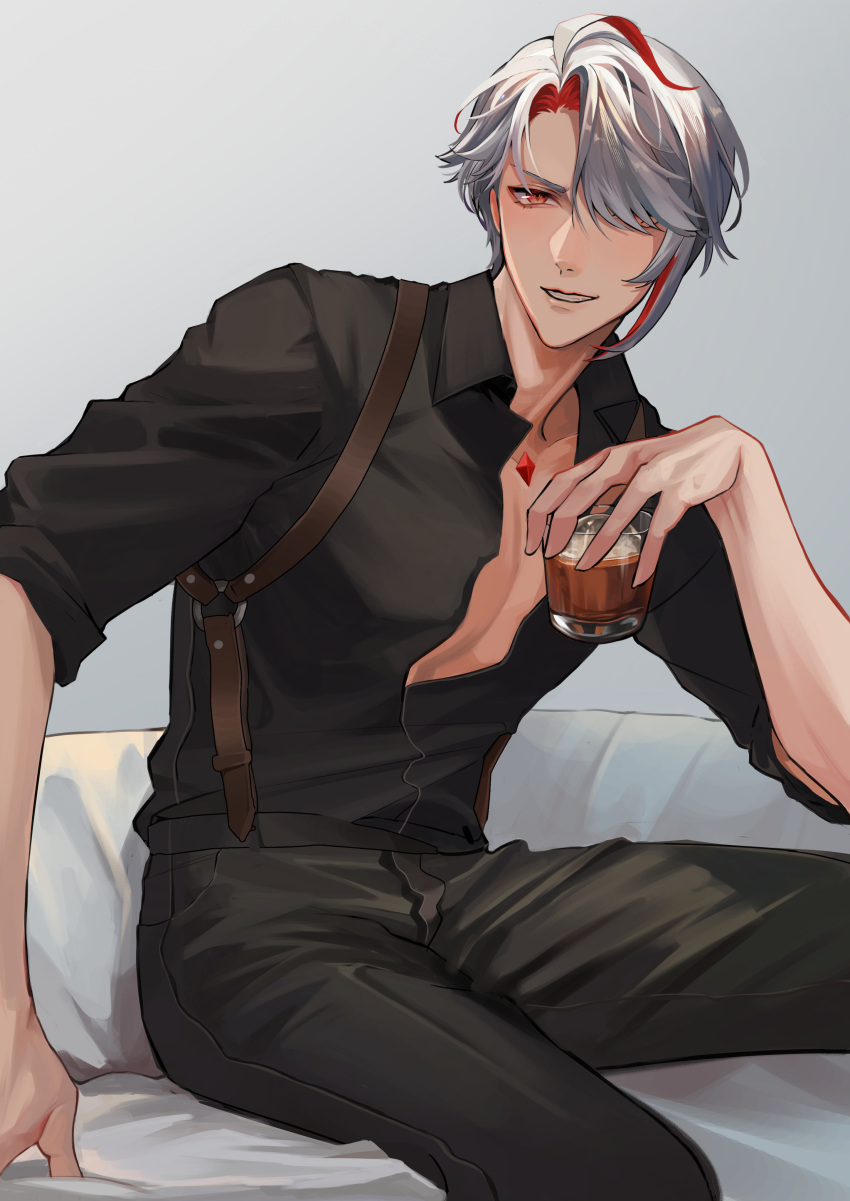 1boy, absurdres, ahoge, alcohol, alhaitham_(genshin_impact), black_pants, black_shirt, chest_jewel
