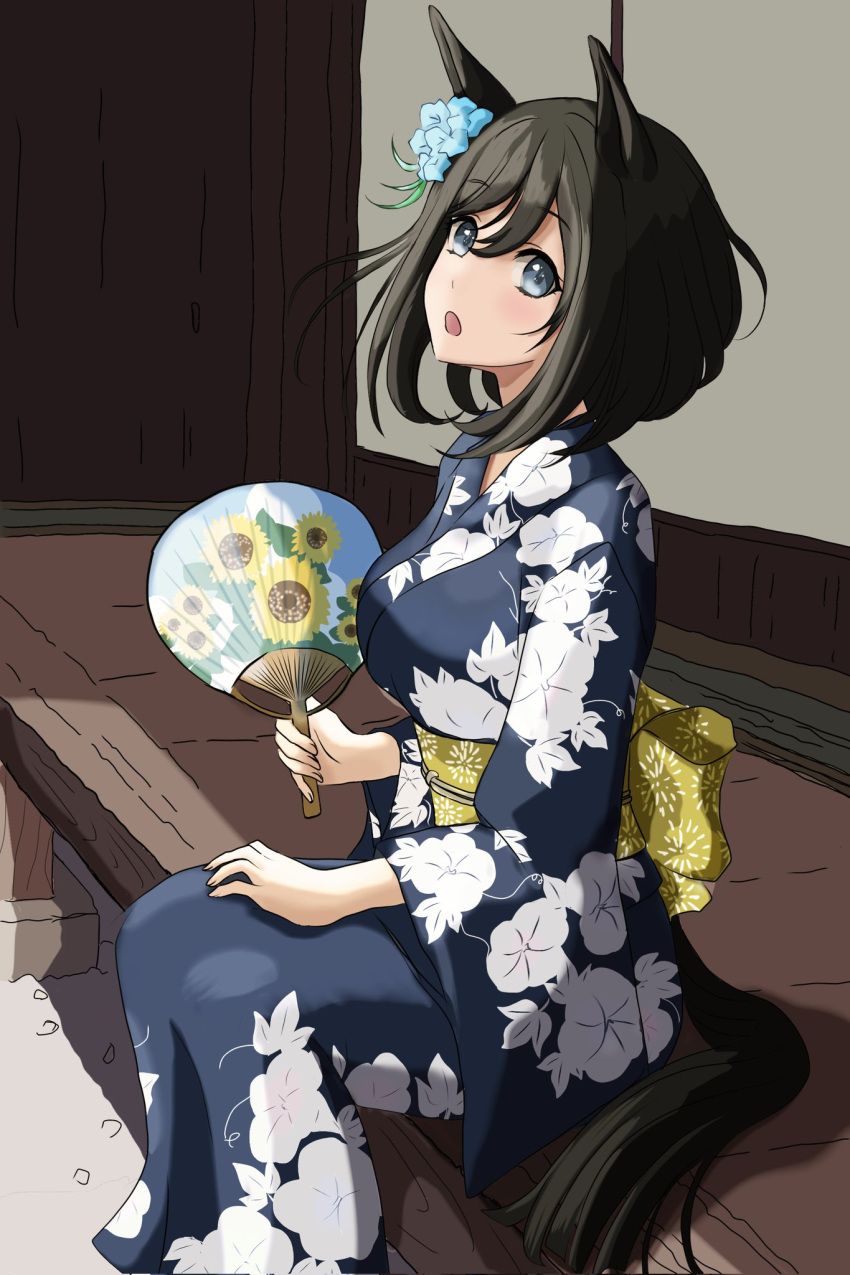 1girl, animal_ears, black_hair, blue_eyes, blue_kimono, commentary_request, eishin_flash_(umamusume), floral_print