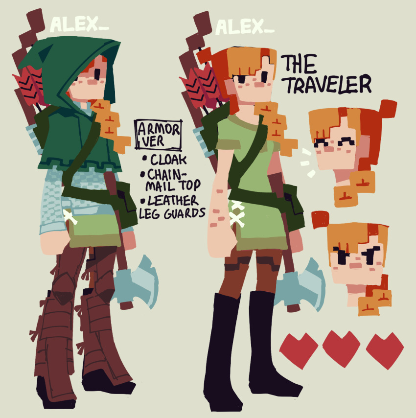 1girl, alex_(minecraft), armor, axe, boots, bow, braid, chainmail, cloak, english_text, freckles, heart, highres, hood, leather_armor, minecraft, no_mouth, orange_hair, pouch, quiver, reference_sheet, solo, the_noodle_(onebadnoodle)
