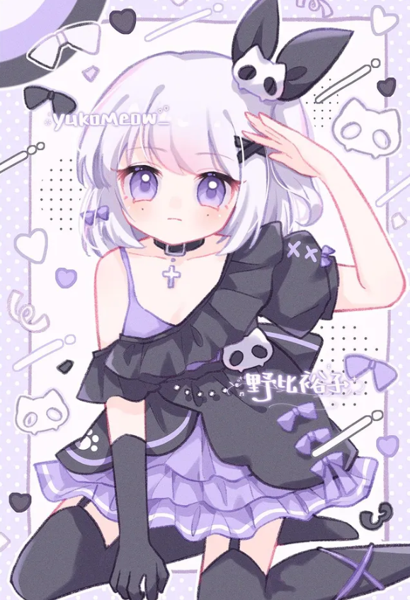 1girl, asymmetrical_dress, black_bow, black_collar, black_gloves, black_ribbon, black_thighhighs, blush