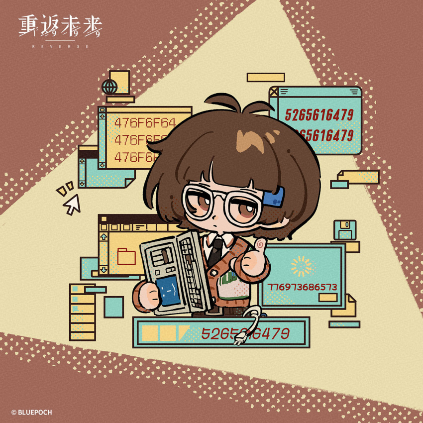 1girl, antenna_hair, belt, black_necktie, black_pants, bob_cut, brown_background, brown_belt