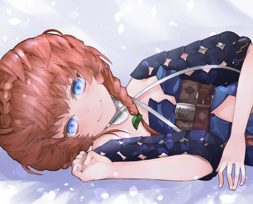 1girl, blue_eyes, blue_overalls, blush, braid, clothing_cutout, crown_braid, fate/grand_order