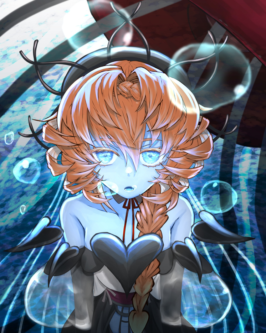 1girl, air_bubble, black_dress, black_headwear, blue_eyes, blue_skin, braid, bubble