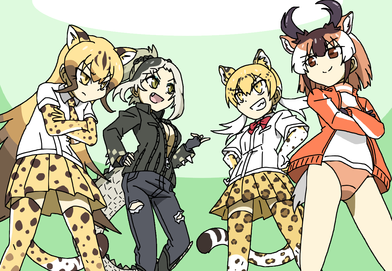 4girls, animal_ears, animal_print, black_gloves, black_hair, black_pants, blonde_hair, boots