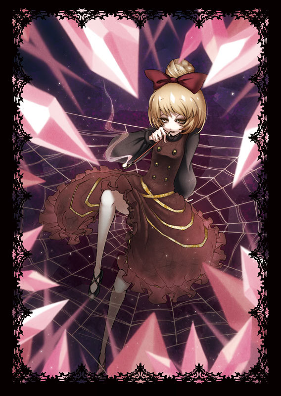 bad_id, blonde_hair, bow, crystal, hair_bow, high_heels, kiseru, kurodani_yamame