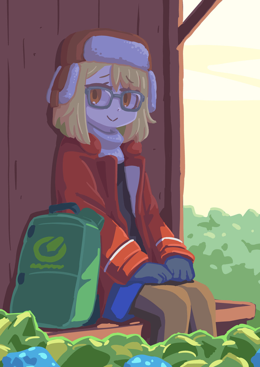 1girl, bag, blonde_hair, blush, fate/grand_order, fate_(series), fur_hat, glasses, hat, highres, learning_with_manga!_fgo, looking_at_viewer, official_art, paul_bunyan_(fate), riyo_(lyomsnpmp), school_bag, short_hair, smile, super_bunyan_(fate), tree