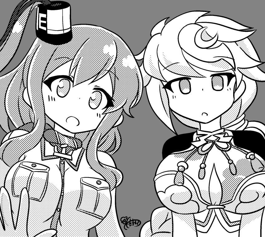 2girls, anchor_ornament, asymmetrical_hair, battle_effectiveness_award, ben-day_dots, braid, breast_pocket, breasts